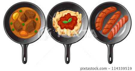 Delicious Meals in Three Frying Pans Delicious Meals in Three Frying Pans 114339519