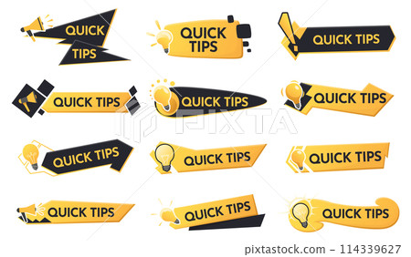 Quick tips icon or symbol set with black and yellow color. Lightbulb and megaphone elements suitable for web. Vector illustration for helpful advice, tricks, solution or suggestion concept 114339627
