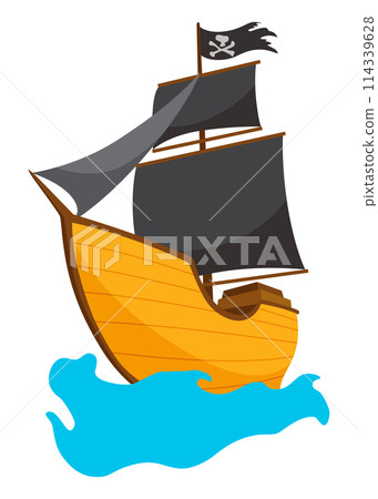 Stylized cartoon pirate ship illustration with black sails. Cute vector icon. Pirate Ship sailing on water Stylized cartoon pirate ship illustration with black sails. Cute vector icon. Pirate Ship sailing on water 114339628