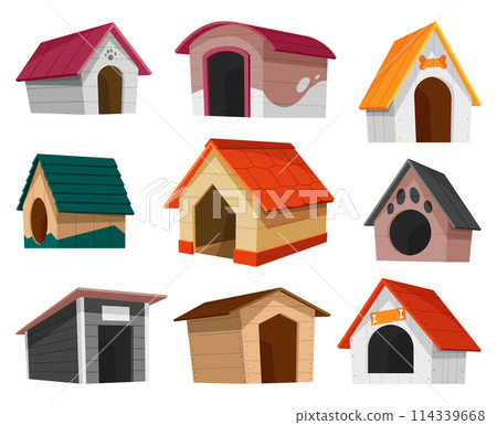 Dog house icon set. Cartoon pet accessory. Petshop supermarket item. Empty pet home with roof. House for domestic animal. Isolated flat vector illustration 114339668