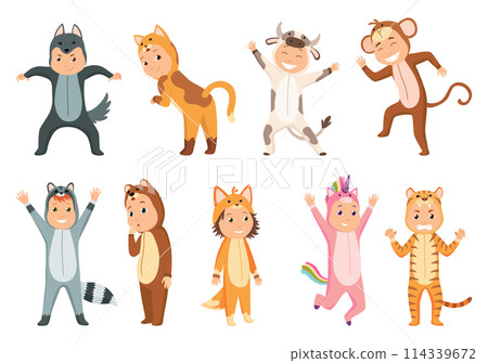 Children animal costumes. Colorful set of different animal wearing suits for party wolf and cat, cow and raccoon, monkey and bear, fox and rhinoceros, tiger. Isolated flat vector design 114339672