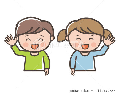男孩和女孩微笑著打招呼的上半身插圖（小學生、幼兒、兒童） 114339727