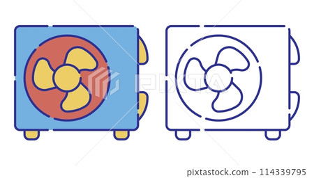 Thin line stroked color icon. Air conditioner unit with fan. Room cooling and heating. Maintaining comfortable temperature. Simple vector isolated on white background Thin line stroked color icon. Air conditioner unit with fan. Room cooling and heating. Maintaining comfortable temperature. Simple vector isolated on white background 114339795