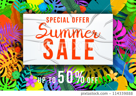 Summer Sale Template background colorful tropical plants, flowers and leaves 114339888
