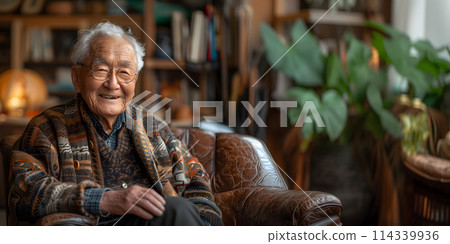 Elderly korean man with glasses sitting comfortably in a home library 114339936
