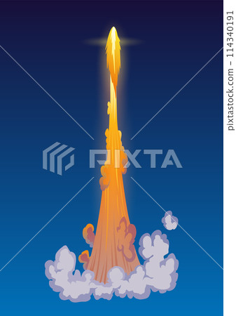Rocket trail fire smoke, spaceship launch with clouds, spaceflight effects. Space rocket of galaxy shuttle or spacecraft engine. Cartoon vector illustration 114340191