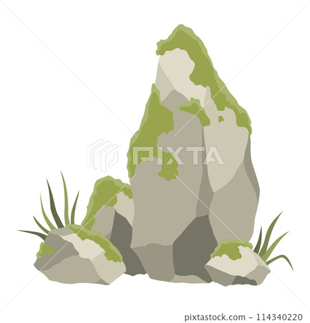Rock stone formations. Small boulder mountain with grass and moss, big icon with rocky texture, heavy piles. Cobblestones of various shapes, hard rock rubbles. Vector cartoon background 114340220