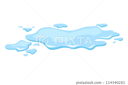 Water spill puddle. Blue liquid shape in flat cartoon style. Clean fluid drop design element isolted on white background Water spill puddle. Blue liquid shape in flat cartoon style. Clean fluid drop design element isolted on white background 114340281