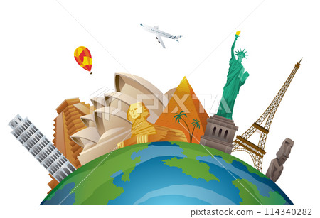 Travel famous monuments. Journey concept of world countries. Composition with famous landmarks objects. Time to travel around the world. Vector illustration Travel famous monuments. Journey concept of world countries. Composition with famous landmarks objects. Time to travel around the world. Vector illustration 114340282