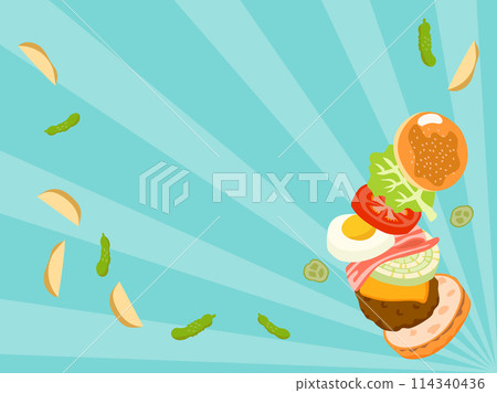 Jumping bacon egg burger and concentrated line background Jumping bacon egg burger and concentrated line background 114340436