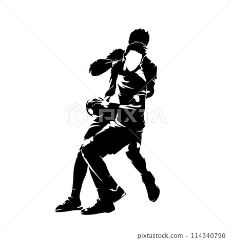 Handball, two players, isolated vector silhouette. Team sport athletes Handball, two players, isolated vector silhouette. Team sport athletes 114340790