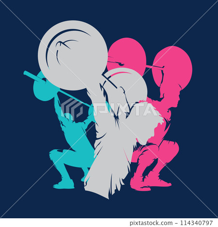 Weightlifting, group of men lifting big dumbbell, isolated vector silhouette Weightlifting, group of men lifting big dumbbell, isolated vector silhouette 114340797
