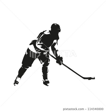 Ice hockey player skating with puck, isolated vector silhouette 114340800