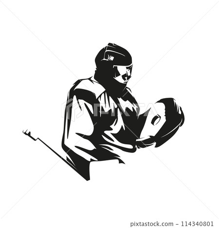 Ice hockey goalie holding puck, isolated vector silhouette 114340801