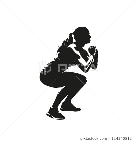 Young slim woman working out, doing squats, isolated vector silhouette, side view 114340812