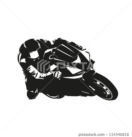 Moto racing logo, isolated vector silhouette. Motorcycle rider on road motorbike 114340818