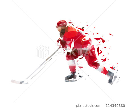 Hockey player in red jersey skating, side view, polygonal isolated vector illustration 114340880
