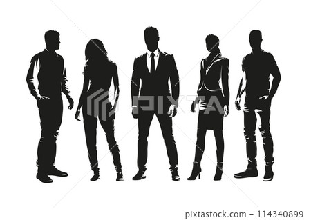 People, group of vector silhouettes. Business men and business women standing, isolated figures People, group of vector silhouettes. Business men and business women standing, isolated figures 114340899