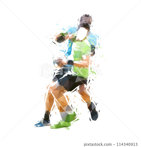 Handball, two players, low poly isolated vector illustration. Group of team sport athletes Handball, two players, low poly isolated vector illustration. Group of team sport athletes 114340913