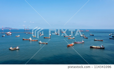Aerial view oil tanker ship business logistic transportation, Crude oil tanker ship lpg ngv at industrail crude oil zone, Group oil tanker ship. 114341096