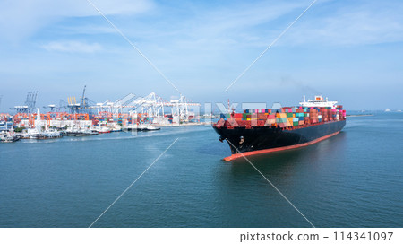 Aerial view container cargo ship maritime carrying container, Global business import export logistic freight shipping transportation international by container cargo ship, Container fright shipping. Aerial view container cargo ship maritime carrying container, Global business import export logistic freight shipping transportation international by container cargo ship, Container fright shipping. 114341097
