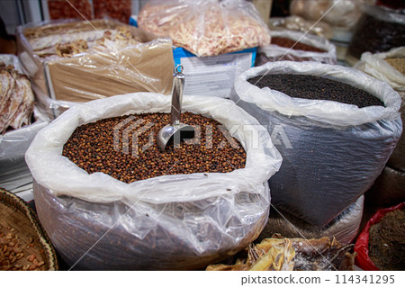 Bags of premium kampot black pepper displayed and sold in Samaki Market, a famous export product from Kampot Cambodia 114341295