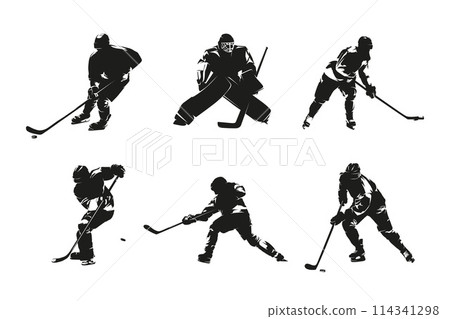 Hockey, ice hockey players, group of vector silhouettes. Set of winter team sport athletes 114341298