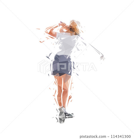 Golf player, female golfer. Isolated low poly vector illustration of woman playing golf, geometric 114341300