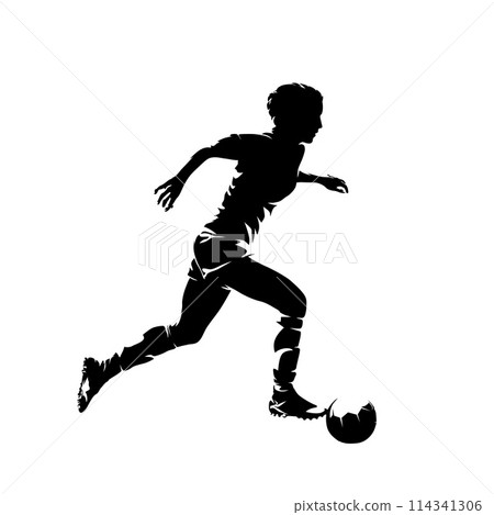 Female football player running with ball, woman playing soccer, isolated vector silhouette 114341306