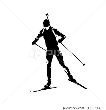 Biathlon race, man skiing, isolated vector silhouette, front view 114341316