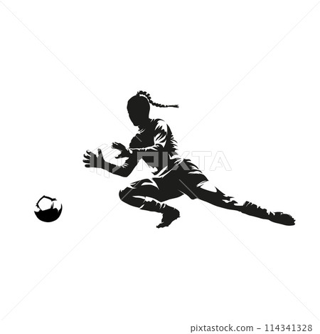 Female soccer goalkeeper catches the ball, woman playing football, isolated vector silhouette Female soccer goalkeeper catches the ball, woman playing football, isolated vector silhouette 114341328