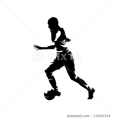 Female football player running with ball, woman playing soccer, isolated vector silhouette 114341334