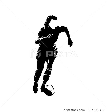 Female football player running with ball, woman playing soccer, isolated vector silhouette 114341335
