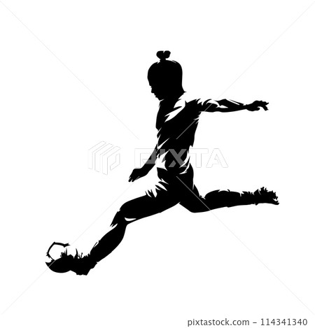 Soccer, woman playing football, female soccer player kicking ball, isolated vector silhouette 114341340