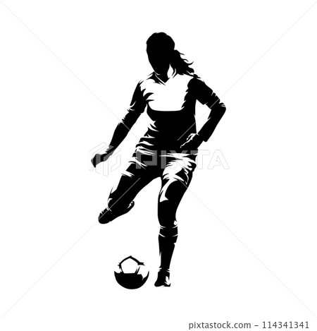 Football, woman playing soccer, female football player kicking ball, isolated vector silhouette 114341341