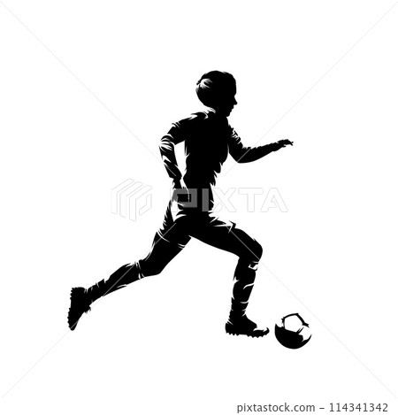Woman playing soccer, female football player, isolated vector silhouette, side view Woman playing soccer, female football player, isolated vector silhouette, side view 114341342
