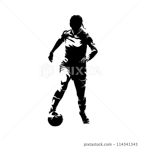 Woman soccer player. Isolated vector silhouette. Female playing football, front view Woman soccer player. Isolated vector silhouette. Female playing football, front view 114341343