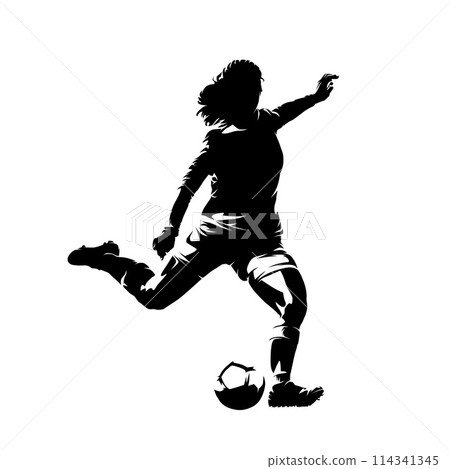 Female soccer player kicking ball, soccer, isolated vector silhouette Female soccer player kicking ball, soccer, isolated vector silhouette 114341345
