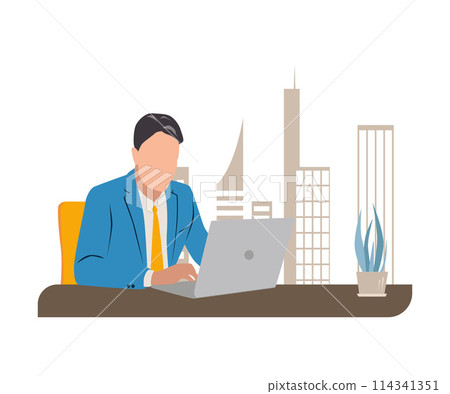 Business man sits at desk working on laptop in city office, flat design vector illustration 114341351