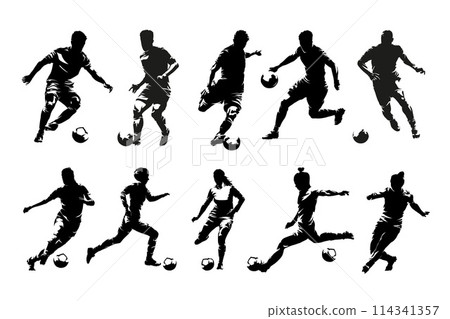 Soccer, football, group of men and women playing football, set of isolated vector silhouettes,  Soccer, football, group of men and women playing football, set of isolated vector silhouettes,  114341357