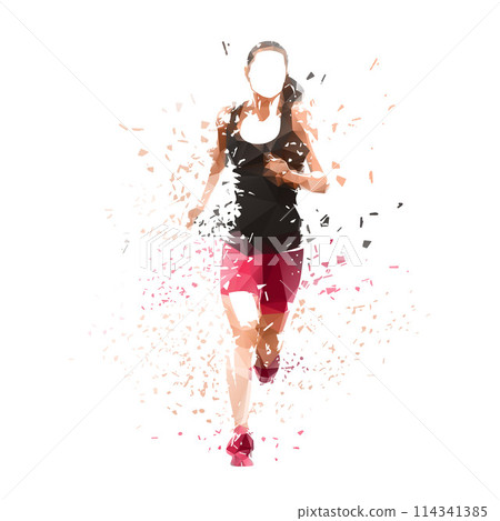 Running woman, isolated low poly vector illustration with shatter effect, front view 114341385