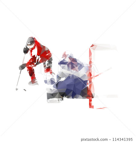 Ice hockey, hockey player tries to beat goalie. Isolated low poly vector, winter team sport 114341395