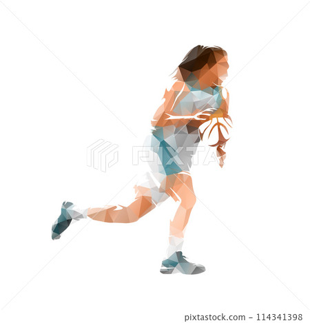 Woman playing basketball, isolated low poly vector illustration. Female team sport Woman playing basketball, isolated low poly vector illustration. Female team sport 114341398