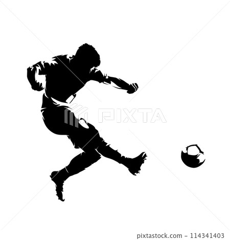 Football player kicking ball, isolated vector silhouette. Soccer logo Football player kicking ball, isolated vector silhouette. Soccer logo 114341403