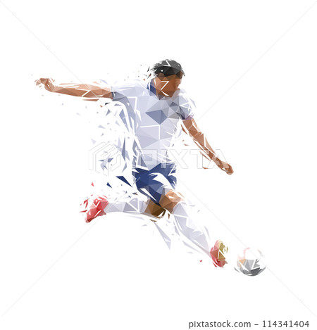 Football player kicking ball, isolated low poly illustration. Soccer logo Football player kicking ball, isolated low poly illustration. Soccer logo 114341404