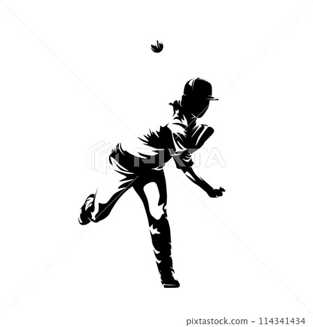 Baseball player throwing ball, isolated vector silhouette, front view 114341434