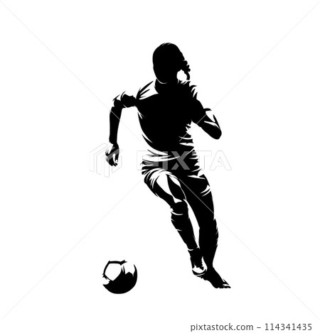 Female football player running with ball, soccer, isolated vector silhouette Female football player running with ball, soccer, isolated vector silhouette 114341435