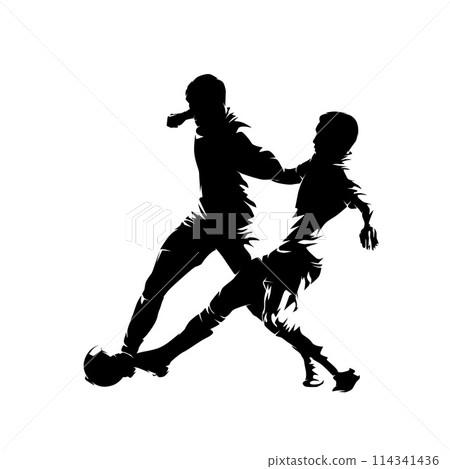 Soccer, two football players with ball, isolated vector silhouette. Soccer logo 114341436