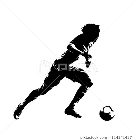 Football player running with ball, isolated vector silhouette. Soccer logo 114341437