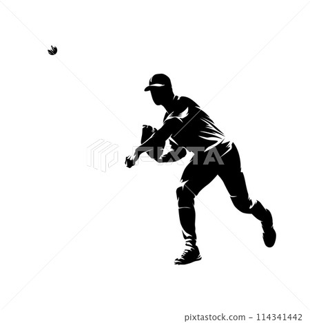 Baseball player throwing ball, isolated vector silhouette, front view 114341442